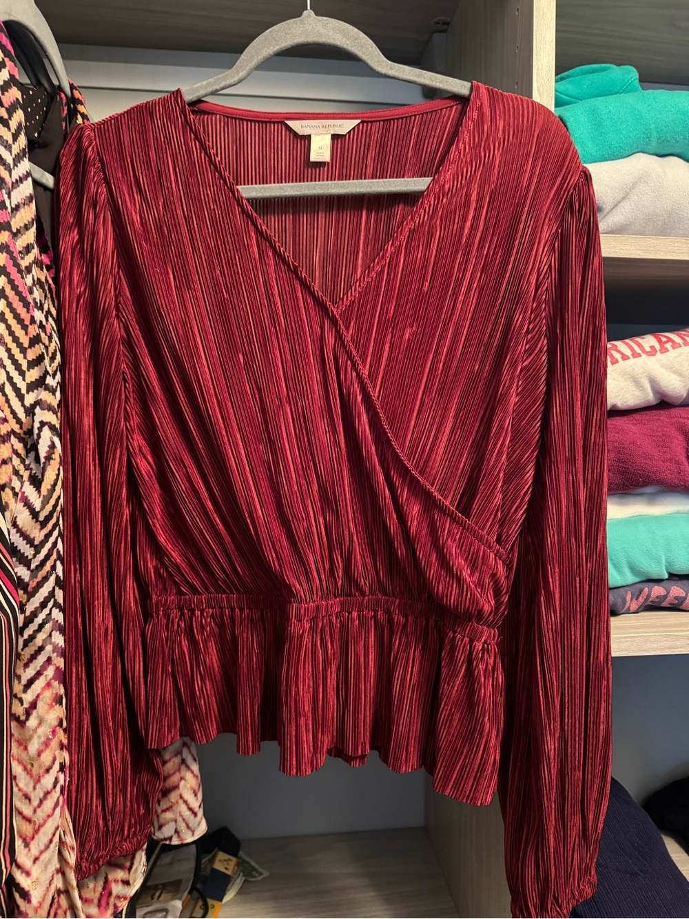 Banana republic Red Pleated Wrap-Front Peplum Blouse